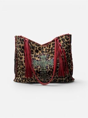 KurtMen Leopard Calf Hair Leather Tote Cross Stud Fringe Cowgirl Chic Boho